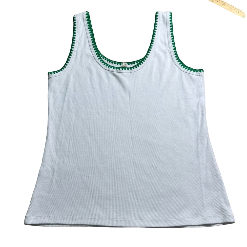 Boden Tank Top Womens L White Green Good Scalloped Ribbed Sleeveless T1586